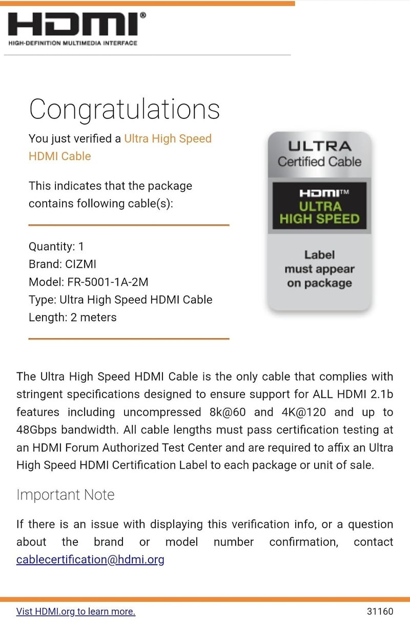 CIZMI ✦ [HDMI Certified] 8K Ultra High Speed HDMI 2.1 Cable | 2m l 8K@60Hz 4K@120Hz | 48Gbps | HDR10 + Dolby Vision | VRR ALLM QMS QFT eARC | Gold Plated | Grey | For TV Monitor Projector Console PC - Image 4
