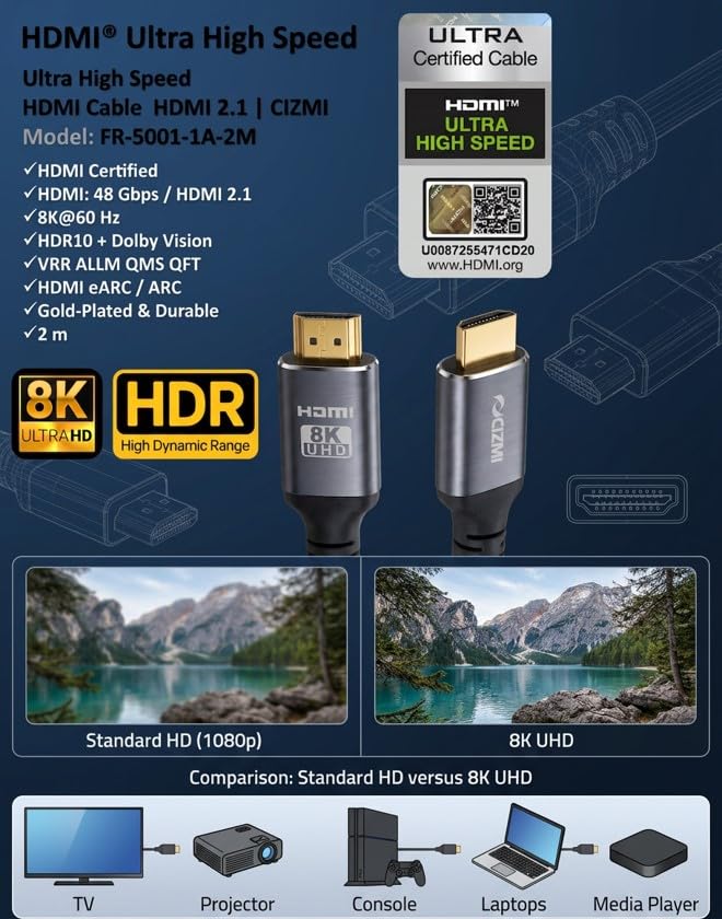CIZMI ✦ [HDMI Certified] 8K Ultra High Speed HDMI 2.1 Cable | 2m l 8K@60Hz 4K@120Hz | 48Gbps | HDR10 + Dolby Vision | VRR ALLM QMS QFT eARC | Gold Plated | Grey | For TV Monitor Projector Console PC - Image 5