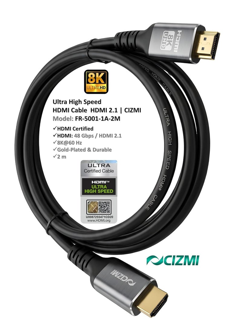 CIZMI ✦ [HDMI Certified] 8K Ultra High Speed HDMI 2.1 Cable | 2m l 8K@60Hz 4K@120Hz | 48Gbps | HDR10 + Dolby Vision | VRR ALLM QMS QFT eARC | Gold Plated | Grey | For TV Monitor Projector Console PC - Image 2
