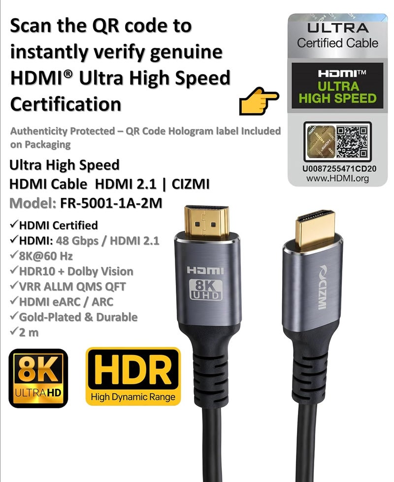 CIZMI ✦ [HDMI Certified] 8K Ultra High Speed HDMI 2.1 Cable | 2m l 8K@60Hz 4K@120Hz | 48Gbps | HDR10 + Dolby Vision | VRR ALLM QMS QFT eARC | Gold Plated | Grey | For TV Monitor Projector Console PC - Image 3
