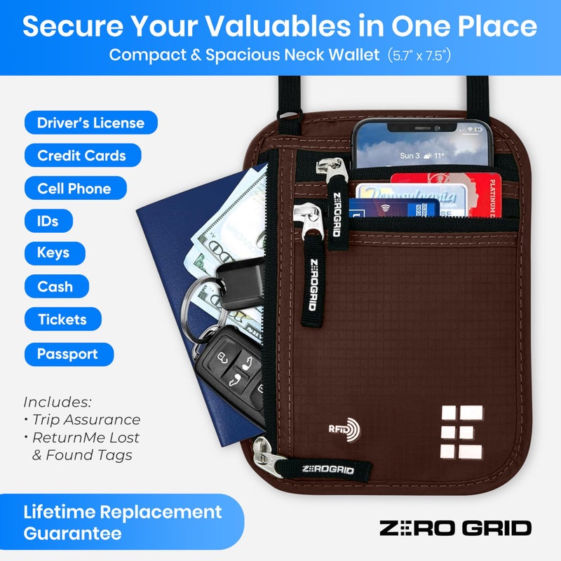 Zero Grid Neck Wallet for Travel & Passport Holder with RFID Blocking - Slim & Easy to Conceal Nylon Travel Pouch for men & women - Holds Phone, Cash, Cards, Keys - Sweat & Water Resistant - Large - Mocha  - Image 2