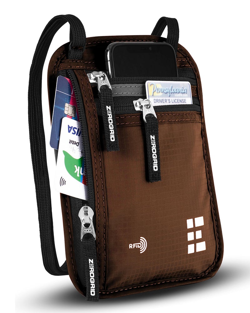 Zero Grid Neck Wallet for Travel & Passport Holder with RFID Blocking - Slim & Easy to Conceal Nylon Travel Pouch for men & women - Holds Phone, Cash, Cards, Keys - Sweat & Water Resistant - Large - Mocha  - Image 1