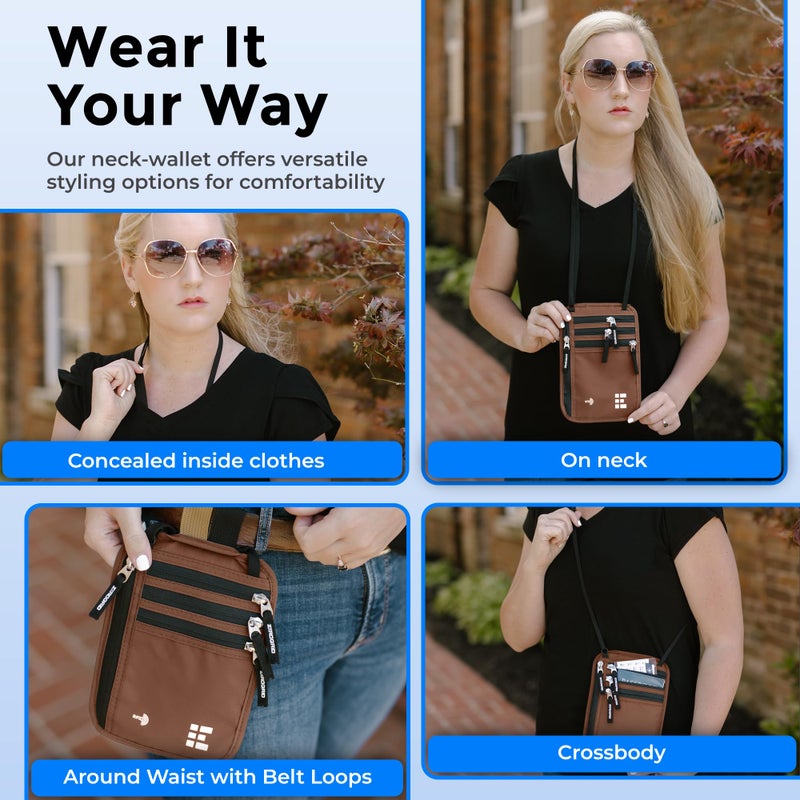 Zero Grid Neck Wallet for Travel & Passport Holder with RFID Blocking - Slim & Easy to Conceal Nylon Travel Pouch for men & women - Holds Phone, Cash, Cards, Keys - Sweat & Water Resistant - Large - Mocha  - Image 4
