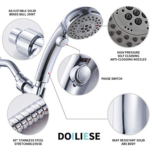 DOILIESE High Pressure 6 Setting Shower Head Hand-Held with ON/OFF Switch and Spa Spray Mode - Hand Held Shower Head with Handheld Spray - Shower Head with Hose - Chrome - Image 5