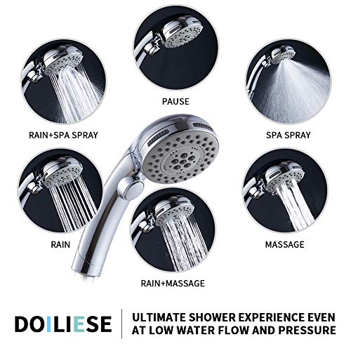 DOILIESE High Pressure 6 Setting Shower Head Hand-Held with ON/OFF Switch and Spa Spray Mode - Hand Held Shower Head with Handheld Spray - Shower Head with Hose - Chrome - Image 2