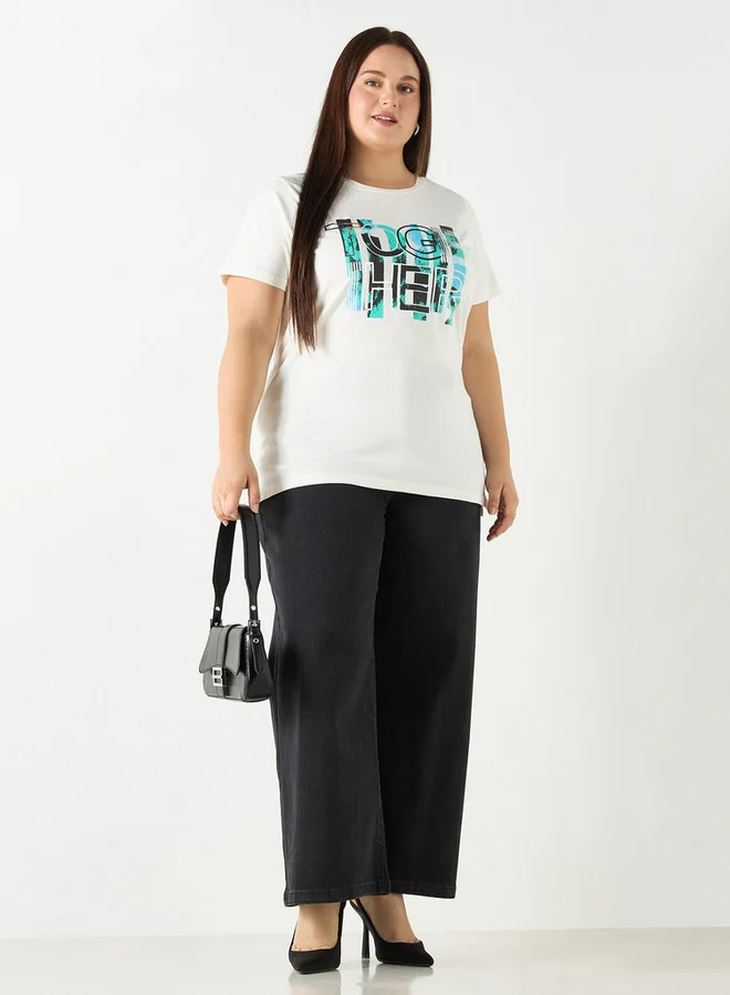 Ulla Popken Plus Size Ulla Popken Typographic Print T-shirt with Short Sleeves