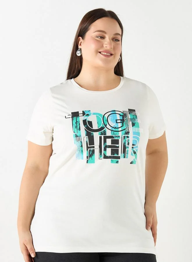 Ulla Popken Plus Size Ulla Popken Typographic Print T-shirt with Short Sleeves