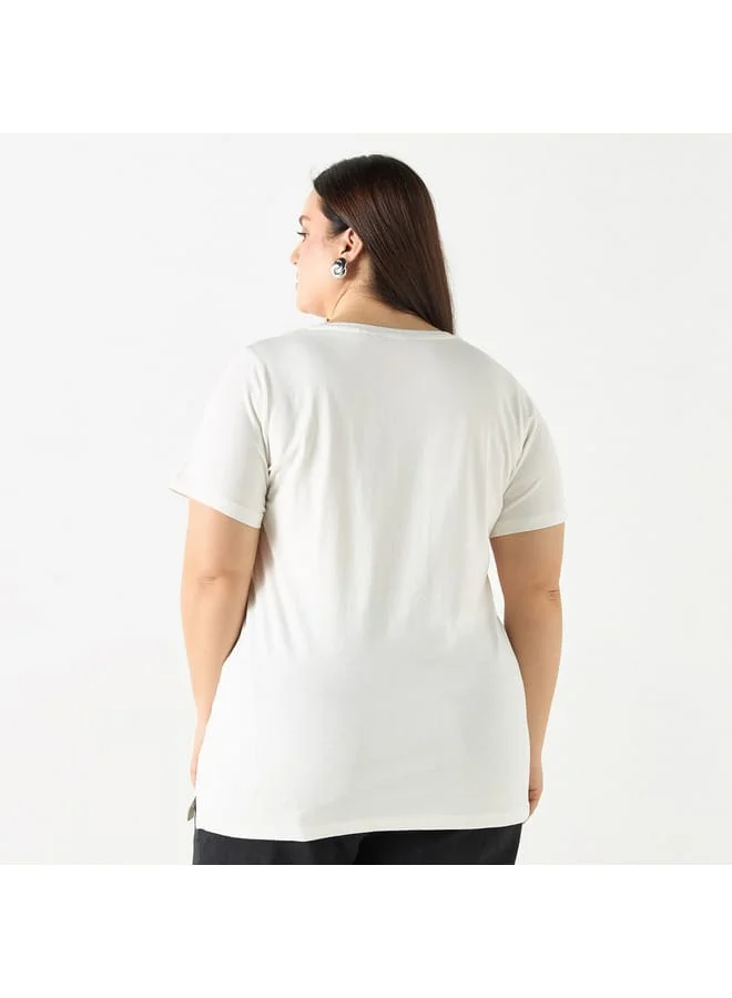 Ulla Popken Plus Size Ulla Popken Typographic Print T-shirt with Short Sleeves