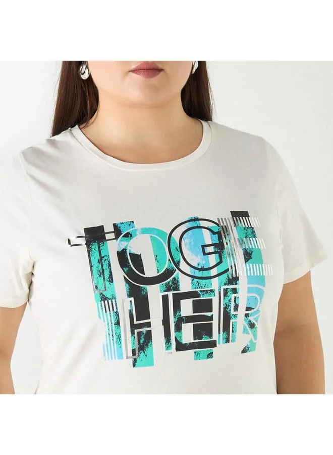 Ulla Popken Plus Size Ulla Popken Typographic Print T-shirt with Short Sleeves