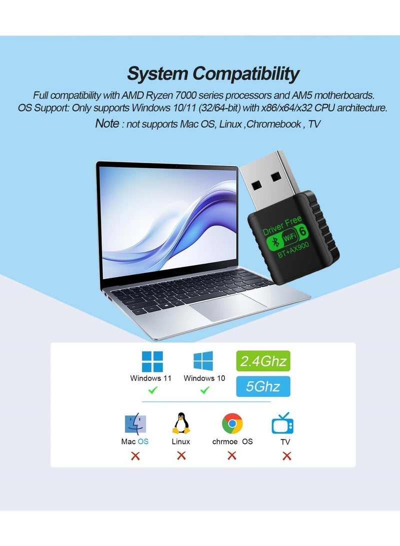 USB WiFi 6 Adapter, AX900Mbps Dual Band 2.4/5GHz with Bluetooth 5.4, Plug & Play, Windows 11/10 Driver-Free, Wireless Network Adapter WiFi Adapter for PC Desktop Laptop - Image 4
