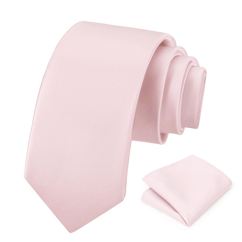 PenSee Men's Blush Pink Tie Set Solid Pure Color 3.15" (8CM) Classic Formal Plain Necktie and Pocket Square Set For Men - Image 1