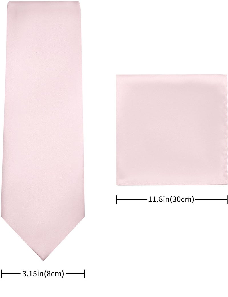 PenSee Men's Blush Pink Tie Set Solid Pure Color 3.15" (8CM) Classic Formal Plain Necktie and Pocket Square Set For Men - Image 4