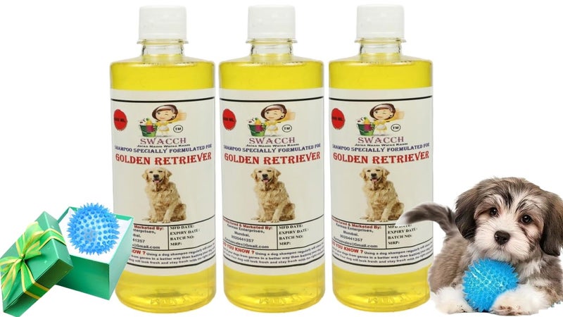 swacch Shampoo | Puppy Safe Shampoo | PH Balanced | Ditch to Itch for Golden Retriever Dog Shampoo 500ml Pack of 3 (Lemon) + Spike Ball Chew Toy Combo Pack - Image 1