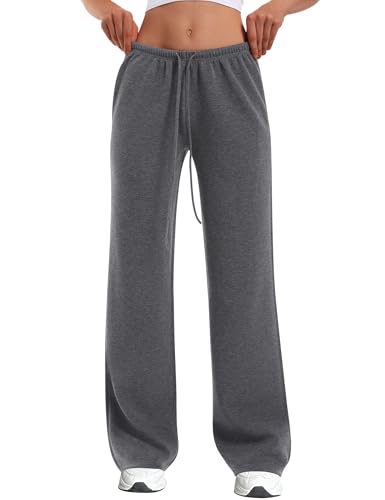 HeSaYep Women's Wide Leg Sweatpants Straight Leg Lowrise Sweat Pants Drawstring Elastic Low Waist Pants with Pockets, Dark Grey S - Image 1
