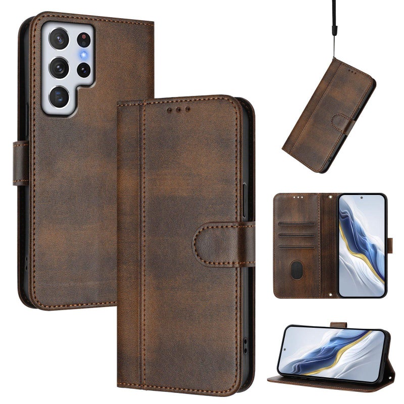 BURAQ Case Cover For Samsung Galaxy S22 Ultra 5G Line Splicing Buckle Retro Leather Phone Case(Brown) - Image 1