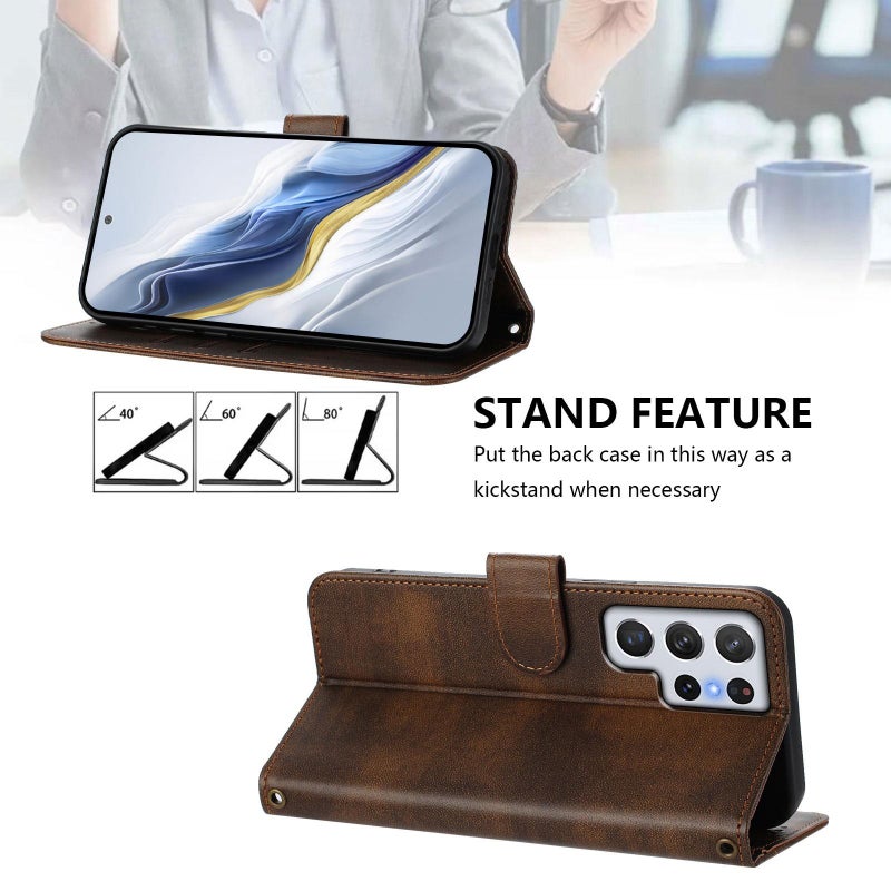 BURAQ Case Cover For Samsung Galaxy S22 Ultra 5G Line Splicing Buckle Retro Leather Phone Case(Brown) - Image 4