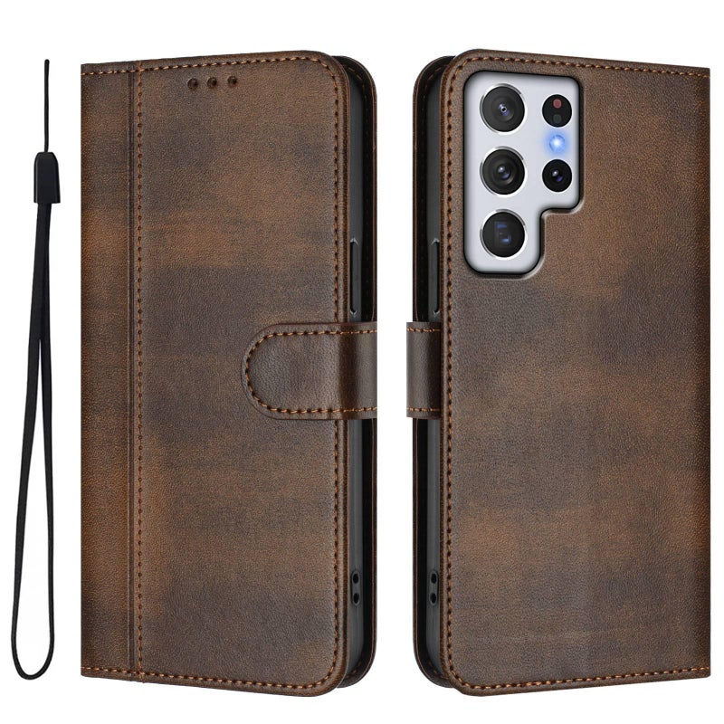 BURAQ Case Cover For Samsung Galaxy S22 Ultra 5G Line Splicing Buckle Retro Leather Phone Case(Brown) - Image 2
