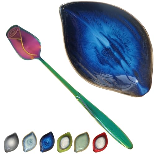 TOPYOKK Coffee Spoon and Rest for Coffee Bar Accessories, Small Spoon Rest for Coffee Bar & Station, Tea Spoon Rest & Holder for Teaspoon Rest, 1 PC (Retro Sapphire Leaf with Rainbow Rose Spoon) - Image 1