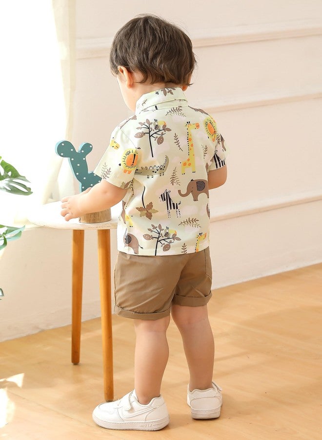 JEELLIGULAR Toddler Baby Boy Summer Clothes Short Sleeve Button Down Shirt Shorts Set Gentlemen Casual Outfits 1-6 Years (Animal Print & Khaki, 12-18M) - Image 3