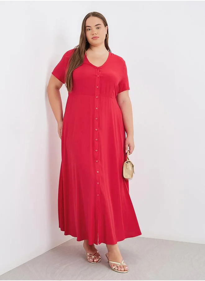 Styli Styli Plus Red Maxi Dress with Button Closure
