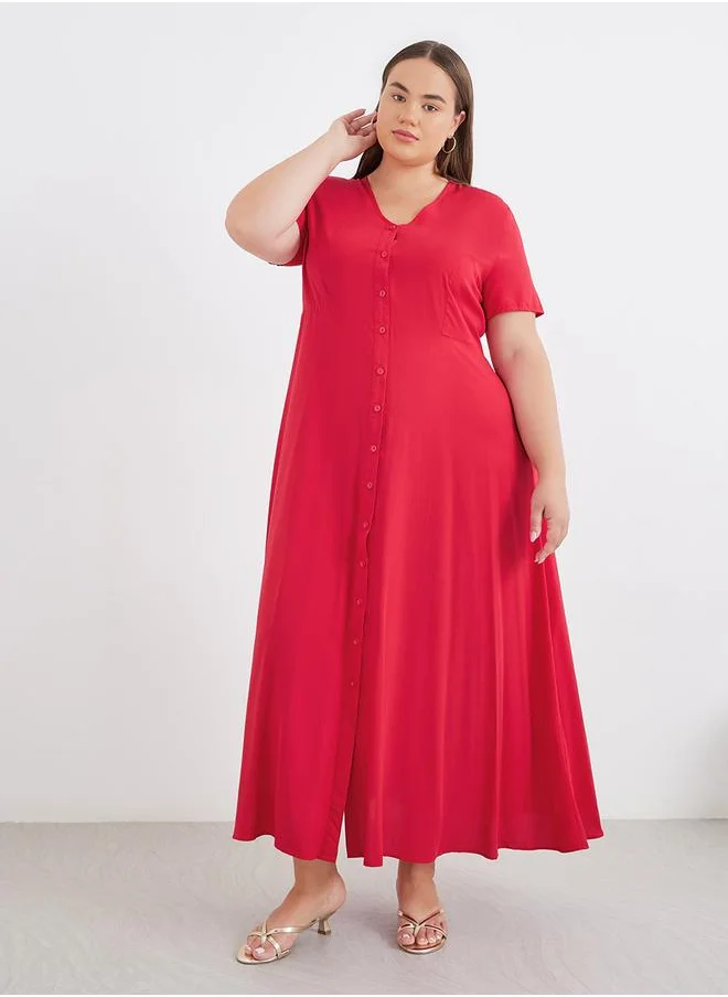 Styli Styli Plus Red Maxi Dress with Button Closure
