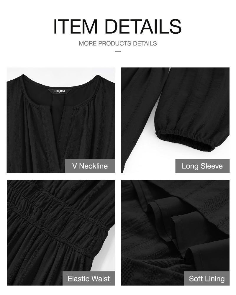 BTFBM Spring Dresses for Women 2026 Casual Long Sleeve V Neck Elastic Waist Lightweight Maxi Wedding Guest Dress Pockets(Black, Medium) - Image 4