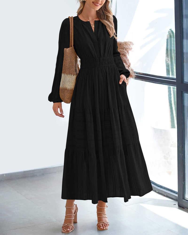 BTFBM Spring Dresses for Women 2026 Casual Long Sleeve V Neck Elastic Waist Lightweight Maxi Wedding Guest Dress Pockets(Black, Medium) - Image 2