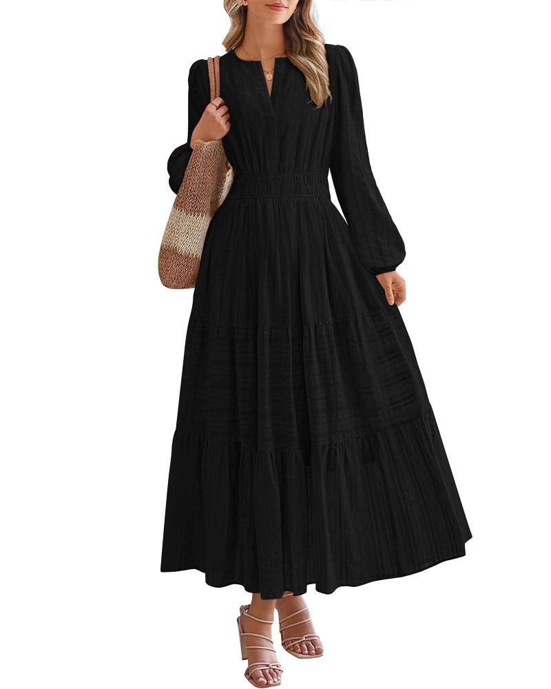 BTFBM Spring Dresses for Women 2026 Casual Long Sleeve V Neck Elastic Waist Lightweight Maxi Wedding Guest Dress Pockets(Black, Medium) - Image 1