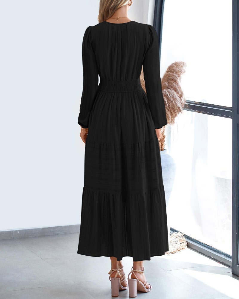 BTFBM Spring Dresses for Women 2026 Casual Long Sleeve V Neck Elastic Waist Lightweight Maxi Wedding Guest Dress Pockets(Black, Medium) - Image 3