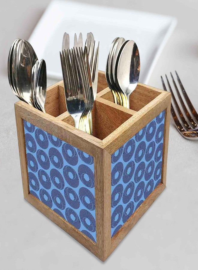 Nutcase Wooden Cutlery Stand Holder Silverware Caddy Spoons Forks Knives Organizer for Dining Table & Kitchen -Made in India-Spoons NOT Included - Blue Retro Pattern - Image 2