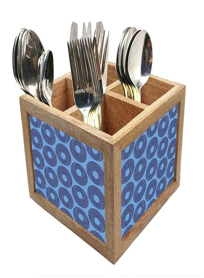 Nutcase Wooden Cutlery Stand Holder Silverware Caddy Spoons Forks Knives Organizer for Dining Table & Kitchen -Made in India-Spoons NOT Included - Blue Retro Pattern - Image 1