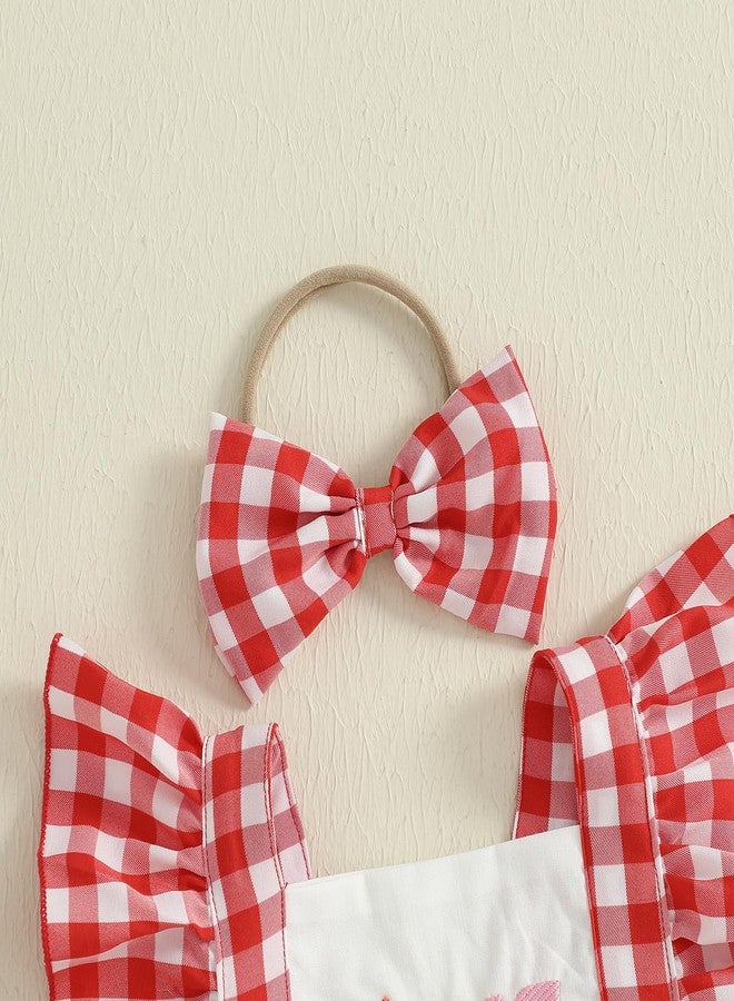 GOOCHEER Baby Girl First Birthday Outfit ONE Embroidery Plaid Romper Bodysuit One Year Old Cake Smash Clothes (Strawberry, 12-18 Months) - Image 2
