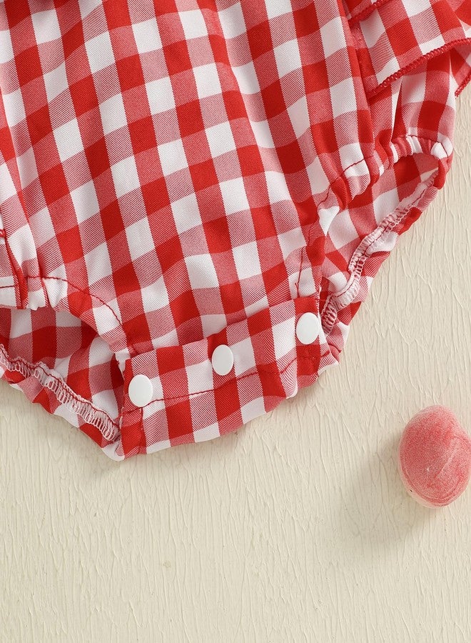 GOOCHEER Baby Girl First Birthday Outfit ONE Embroidery Plaid Romper Bodysuit One Year Old Cake Smash Clothes (Strawberry, 12-18 Months) - Image 4
