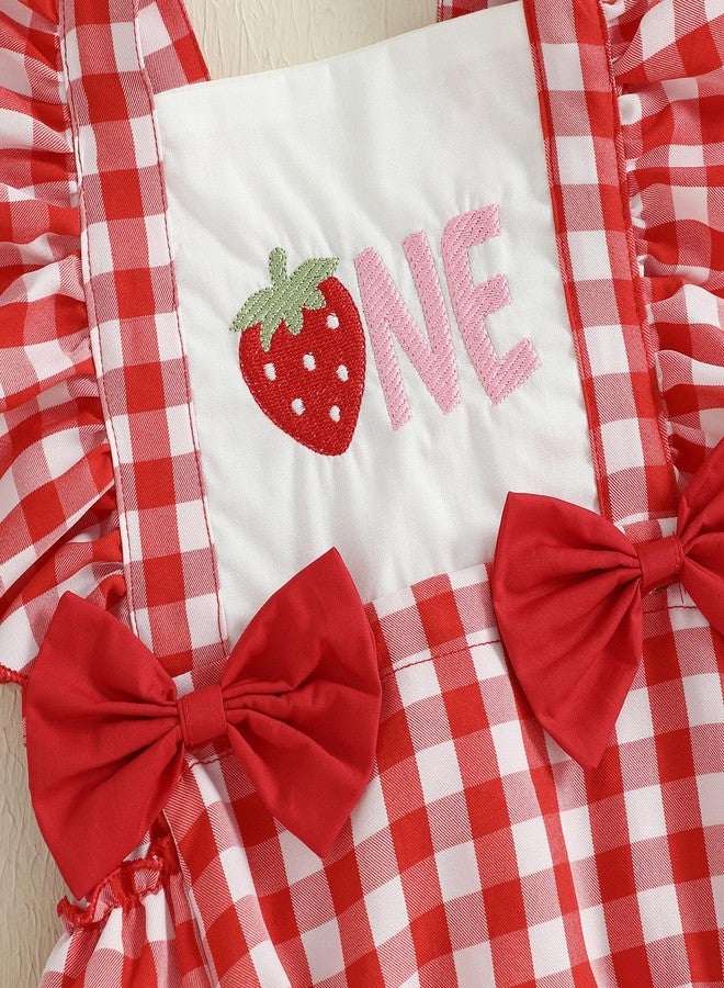 GOOCHEER Baby Girl First Birthday Outfit ONE Embroidery Plaid Romper Bodysuit One Year Old Cake Smash Clothes (Strawberry, 12-18 Months) - Image 3