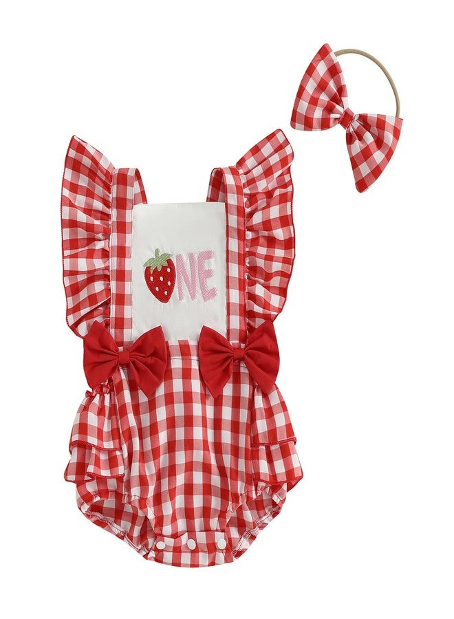 GOOCHEER Baby Girl First Birthday Outfit ONE Embroidery Plaid Romper Bodysuit One Year Old Cake Smash Clothes (Strawberry, 12-18 Months) - Image 1