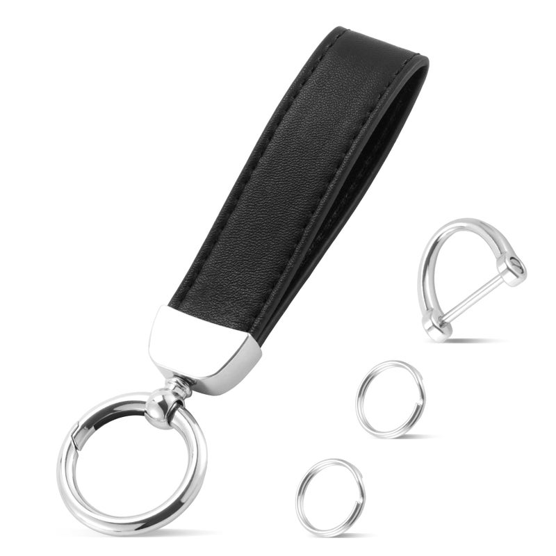 JUSTTOP Leather Keychain, Car Key Chain with Anti-Lost D-Ring and 2 Key Ring, Keychain Wristlet, Car Accessories, Universal Keychain for Men and Women (Black) - Image 1