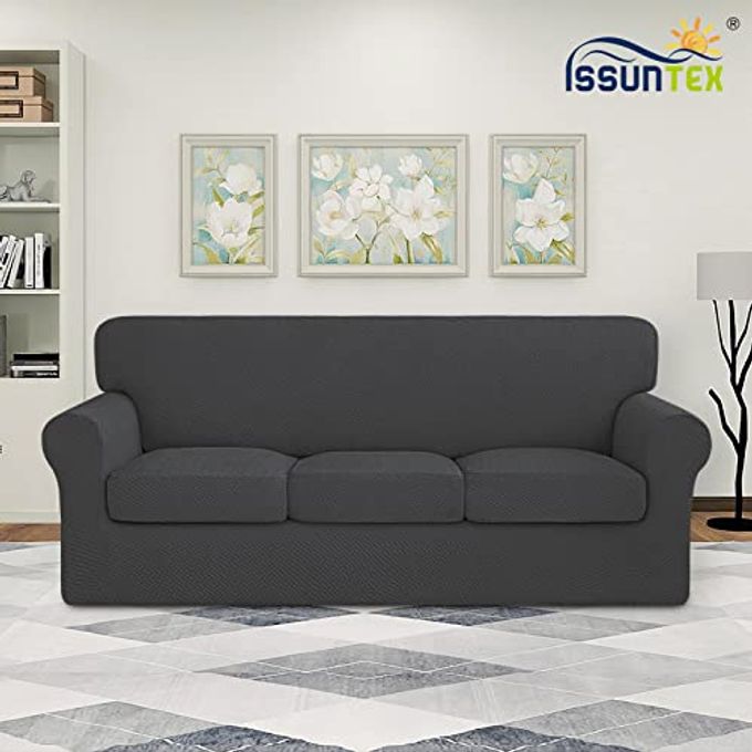 ISSUNTEX 4 Pieces High Stretch Thicken Couch Covers, Soft Sofa Slipcover for 3 Separate Cushion , Jacquard Fabric Elastic Furniture Protector for Dogs (Sofa, Dark Gray) - Image 2