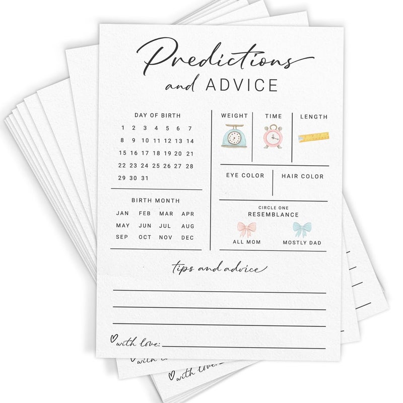 Printed Party Baby Predictions Advice Cards for New Parents Baby Shower Game Wishes for Mommy Daddy Gender Reveal Boy or Girl Modern Minimal Design 30 Cards