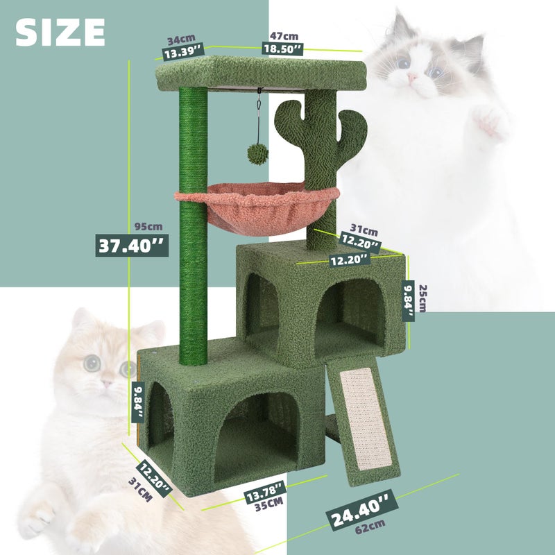 AIWIKIDE 37.4" Cactus Cat Tree Tower with Twin Cat Condos for Indoor Cats, All-in-One Activity Center with Cat Scratching Post Cozy Sleeping Perch Hammock and Toy Balls,Green â€¦ - Image 2
