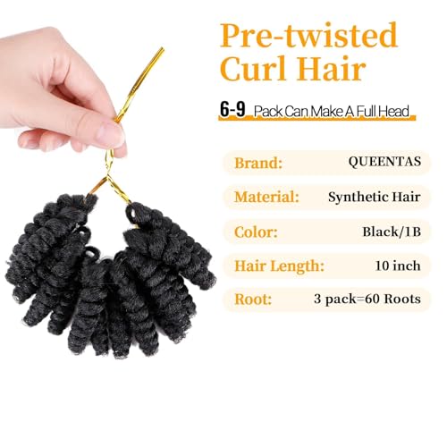 QUEENTAS 3 Packs 10 Inch 12MM Short Prelooped Synthetic Crochet Hair Extensions for Black Women Lightweight African Braids with Jamaican Bounce Ringlet Wand Curl Perfect for Daily1B Natural Black - Image 3