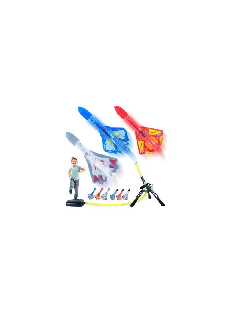 Kids Rocket Launcher, Stomp to Launch Up to 100 Ft, Includes 3 LED Light-Up Planes & 3 Foam Stunt Planes, Perfect Outdoor Toys for Boys & Girls Ages 3-12, Great for Camping, Travel & Birthday Gifts. - Image 1