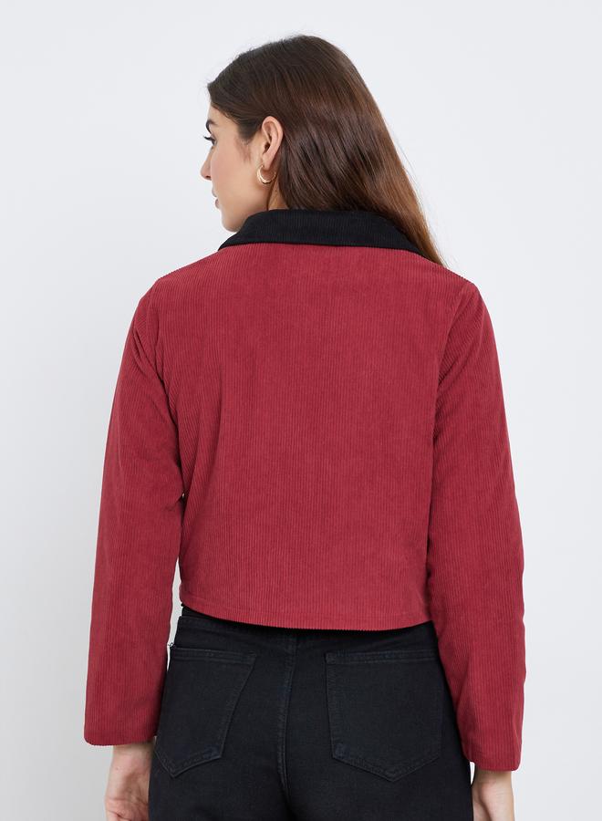 Styli Women Red Solid Cropped Corduroy Jacket with Contrast Collar - Image 5