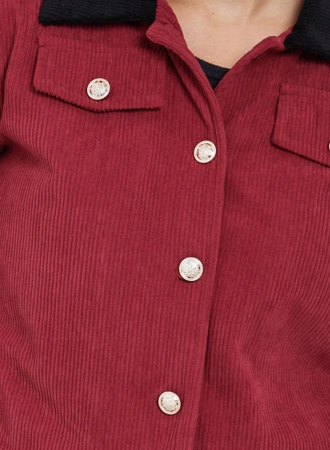 Styli  Styli Women Red Solid Cropped Corduroy Jacket with Contrast Collar for Women | Best Price UAE