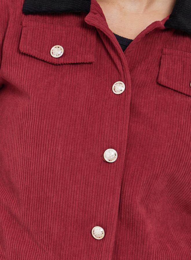 Styli Women Red Solid Cropped Corduroy Jacket with Contrast Collar - Image 4