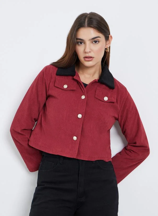 Styli  Styli Women Red Solid Cropped Corduroy Jacket with Contrast Collar for Women | Best Price UAE