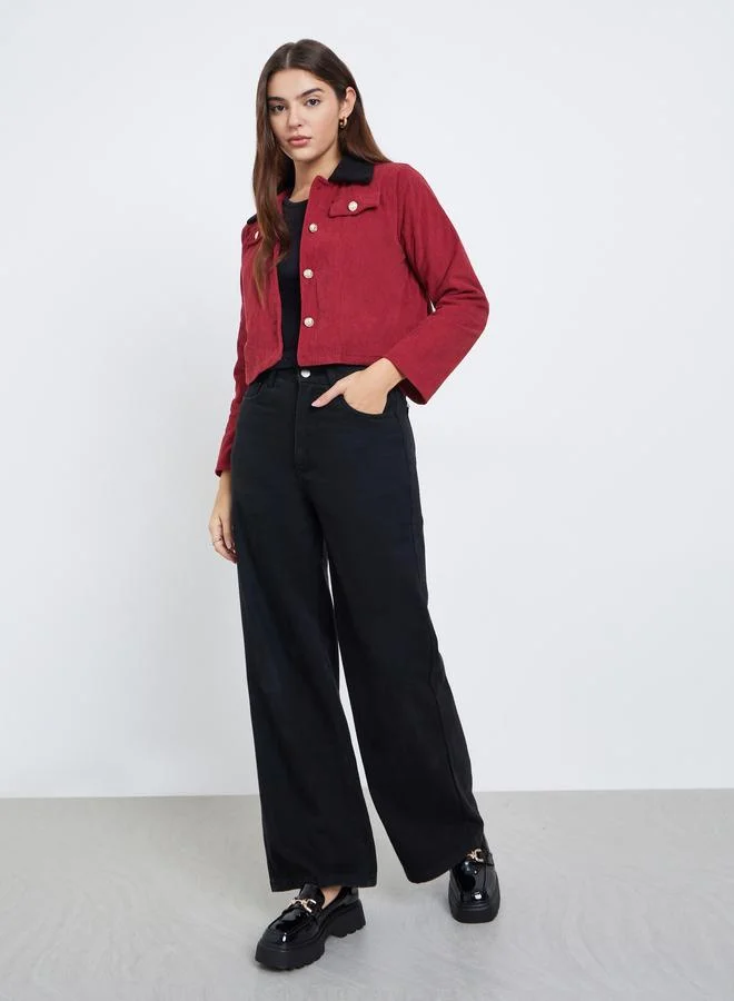 Styli Styli Women Red Solid Cropped Corduroy Jacket with Contrast Collar