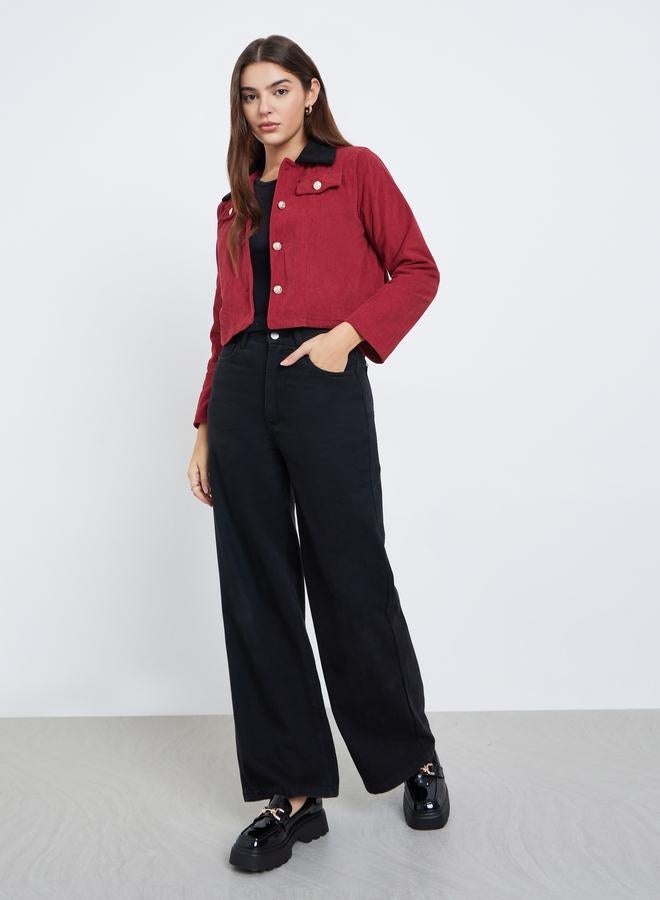 Styli Women Red Solid Cropped Corduroy Jacket with Contrast Collar - Image 2
