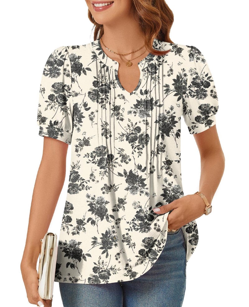 syoss Plus Size Women's Summer Tops 2026 Puff Short Sleeve Dressy Casual Ladies Blouses Elbow Length Sleeve XXL, Ink Roses - Image 1