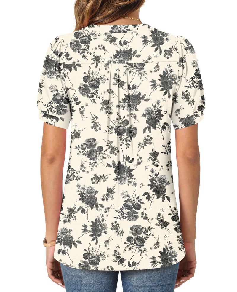 syoss Plus Size Women's Summer Tops 2026 Puff Short Sleeve Dressy Casual Ladies Blouses Elbow Length Sleeve XXL, Ink Roses - Image 4