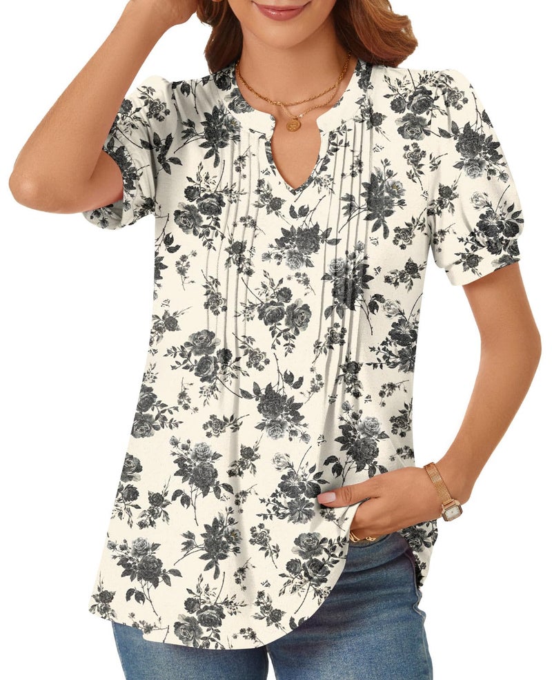 syoss Plus Size Women's Summer Tops 2026 Puff Short Sleeve Dressy Casual Ladies Blouses Elbow Length Sleeve XXL, Ink Roses - Image 2